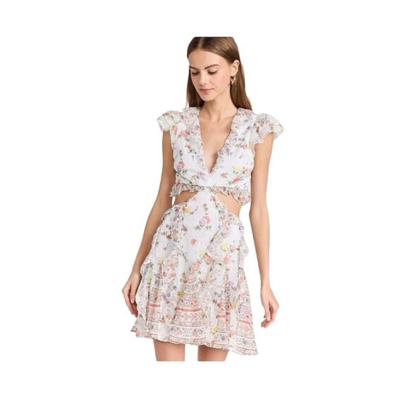 Alice + Olivia Mitzi Cutout Minidress White Floral Short Sleeve Ruffle Dress 14 - Picture 1 of 12